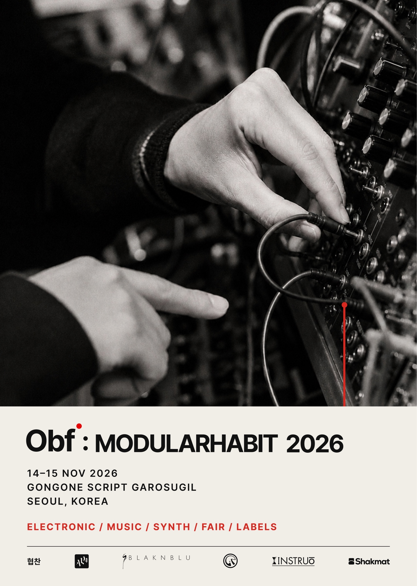 MODULARHABIT 2026 poster A, hands patching a modular synth