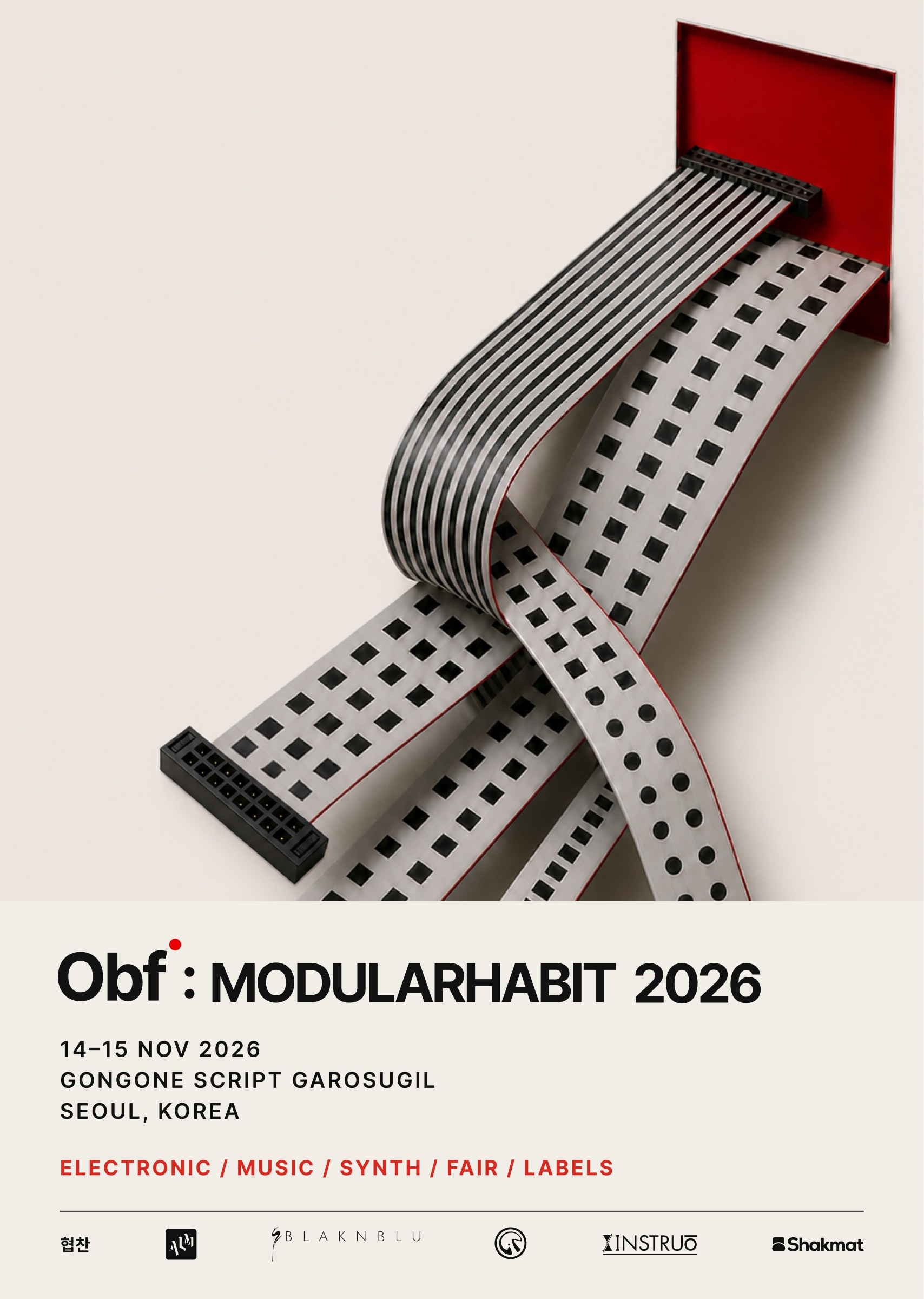 MODULARHABIT 2026 poster C, punched tape pouring from a red window